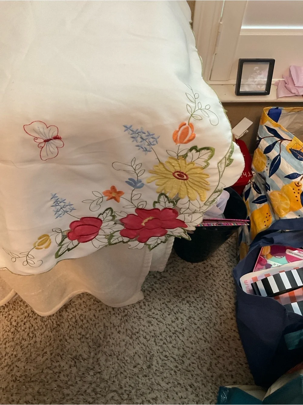 Embroidered Floral White Tablecloth with Multicolor Accents